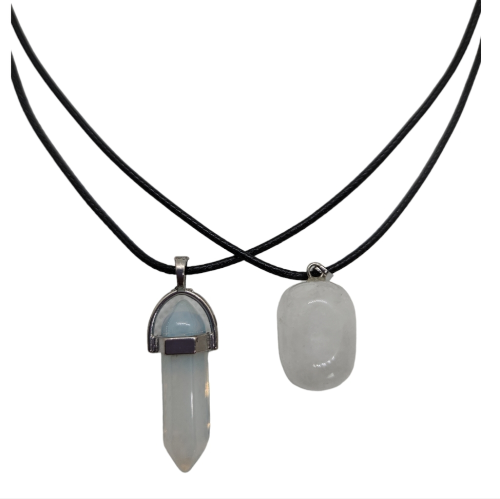Set Of 2 Gemstones Black Leather Necklace 18"